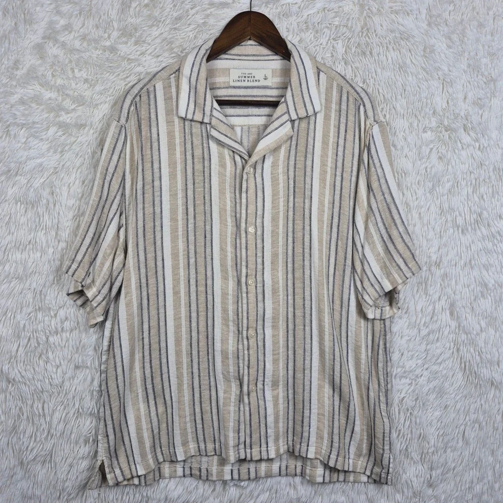 Abercrombie & Fitch Mens L Summer Linen Blend Striped Camp Crochet Shirt Resort